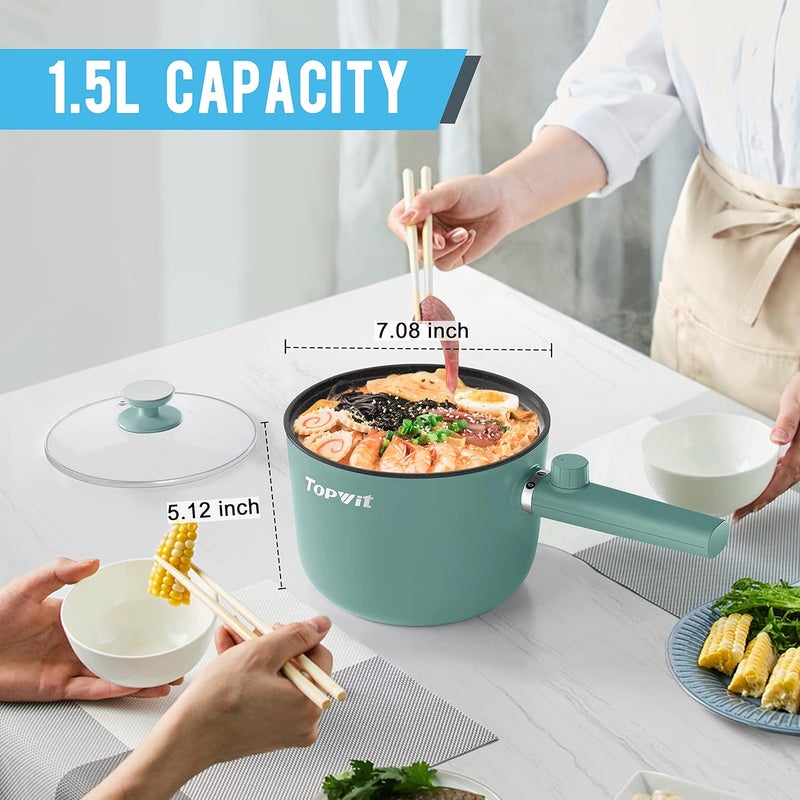 TopWit Hot Pot Electric, 1.5L Ramen Cooker, Portable Non-Stick Frying Pan, Hot Pot for Pasta, Steak, BPA Free, Electric Cooker with Dual Power Control, Over-Heating & Boil Dry Protection, Green - Image 3